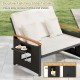 Outdoor wicker daybed with folding side tables, white cushions, and storage ottoman for versatile patio relaxation.