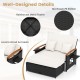 Outdoor wicker daybed with white cushions, acacia wood armrests, and storage ottoman for versatile patio use.