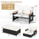 Outdoor wicker daybed with adjustable backrest, white cushions, and storage ottoman for versatile patio use.