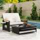 Outdoor wicker daybed set with white cushions and wooden armrests, featuring a coffee table for stylish patio lounging.