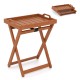 Portable outdoor wood tray table with folding frame, featuring a natural finish and side handles for easy serving.