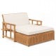 Outdoor wooden daybed with adjustable backrest, removable white cushions, and storage ottoman for backyard relaxation.