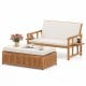 Outdoor wooden daybed with white removable cushions and 4-level backrest, perfect for backyard relaxation.