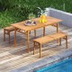 Outdoor wooden dining table made of natural acacia wood, featuring an umbrella hole, perfect for 4-6 guests.