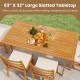 Outdoor wooden dining table with slatted 63” x 32” top, crafted from acacia wood, perfect for dining and socializing.