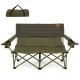 Oversized green camping loveseat with thick padding, dual cup holders, and quick folding design for easy portability.