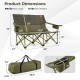 Detailed product dimensions of the oversized green camping loveseat, showcasing load capacity and compact storage.