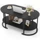 Oval black coffee table with 2-tier wooden shelves, spacious tabletop, and elegant wood grain design for versatile use.