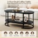 Oval 2-tier coffee table in black with spacious storage shelf, ideal for books and laptops in living room settings.