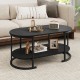 Oval black coffee table with 2-tier storage shelf, featuring a durable metal frame and elegant wood grain finish.