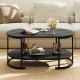 Oval black coffee table with 2-tier shelf, spacious storage, and elegant wood grain texture for versatile living room.