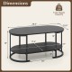 Oval coffee table with 2-tier design, black finish, spacious tabletop, and open storage shelf for versatile use.