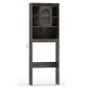 Over toilet storage cabinet in oak with sliding barn door and open shelves, perfect for organizing bathroom essentials.