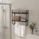 Wall-mounted over the toilet shelf with metal frame, featuring two open storage shelves and a round towel bar for.