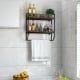 Wall-mounted over the toilet shelf with metal frame, featuring two open shelves and a towel bar for bathroom.