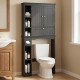 Over the toilet storage cabinet in black with adjustable shelf, featuring two cabinets and five compartments for.