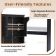 Height-adjustable bottom bar and removable shelf of the black over-the-toilet storage cabinet for customizable storage.