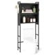 Over-the-toilet cabinet in black with flip-up doors, hooks, and adjustable feet for smart bathroom storage.