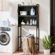 Over-the-toilet cabinet organizer in black with flip-up doors, hooks, and adjustable feet for smart bathroom storage.