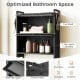 Over-the-toilet bathroom organizer in black with flip-open cabinets, hooks, and raised edges for smart storage.