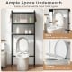 Over-the-toilet cabinet organizer in black with flip-up doors and ample space underneath for most toilet types.