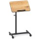 Overbed rolling food tray table with adjustable height, 360° rotating tabletop, and wheeled base for easy mobility.