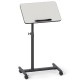 Gray overbed rolling table with adjustable height, 360° rotating tabletop, and wheeled base for easy mobility and use.