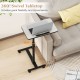 Gray overbed rolling table with 360° swivel tabletop, adjustable height, and wheeled base for versatile use.