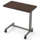 Overbed table with walnut finish, adjustable height, and lockable wheels, perfect for home or hospital use.