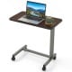 Overbed table with walnut finish, adjustable height, and lockable rolling wheels for versatile home and hospital use.