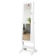 Side view of a white mirrored jewelry cabinet armoire, featuring premium MDF construction and lockable design for.