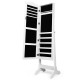 Interior view of a white lockable jewelry cabinet armoire with velvet liner, featuring 5 shelves and 29 hooks for.