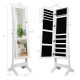 Full-length white mirrored jewelry cabinet with lock, featuring 5 shelves, 29 hooks, and 60 ring slots for organized.