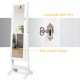 Full-length mirror jewelry cabinet in white, featuring lockable design, 5 shelves, and 29 hooks for organized storage.