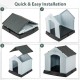 Dog house assembly steps showcasing waterproof plastic design with elevated floor for small dogs, easy installation.
