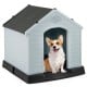 Small dog house made of waterproof plastic with elevated floor, providing protection from weather elements and comfort.