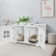 Large white wooden cat litter box enclosure with side access door and windows, perfect for a cozy pet washroom.