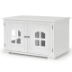 Large white wooden cat litter box enclosure with two windows and side access door, doubles as a stylish cabinet.