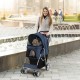 Foldable navy pet stroller with 4 wheels, mesh windows, and storage basket, perfect for outdoor adventures with pets.