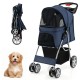 Foldable navy pet stroller with 4 mesh windows, storage basket, and universal wheels for comfortable outdoor walks.
