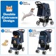 Foldable navy pet stroller with double entrance design, featuring mesh windows for ventilation and a large storage.