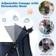 Foldable navy pet stroller with adjustable canopy, 4 mesh windows, and large storage basket for comfortable outdoor.
