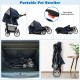 Foldable 4-wheel pet stroller in navy with mesh windows, large storage basket, and adjustable canopy for outdoor use.