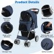Foldable navy pet stroller with adjustable canopy, storage basket, and mesh windows for ventilation and comfort.