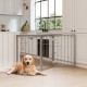 30-inch tall gray wooden pet fence with flexible panels, ideal for isolating small and medium dogs in the kitchen.