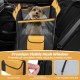 Dog car seat cover with mesh window for small and medium dogs, featuring robust zippers and storage pocket for travel.