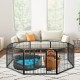 8-panel 24-inch height pet fence in black, set up indoors with a dog bed and puppy, ideal for versatile configurations.