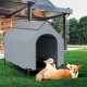 Elevated outdoor pet house with ventilated windows, waterproof canopy, and breathable mesh mat for comfort and airflow.