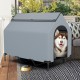 Elevated outdoor pet house with waterproof canopy, ventilated windows, and a breathable mesh mat for comfort and.