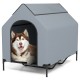Elevated outdoor pet house with waterproof canopy, ventilated windows, and breathable mesh mat for comfort and airflow.
